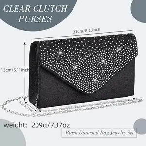 Black rhinestone evening clutch bag with silver chain, chic party shoulder bag detail.