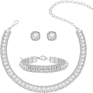 Sparkling Rhinestone Necklace Bracelet Earrings Set Luxury Fashion Jewelry for Women Main