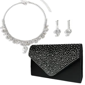 Women luxury rhinestone evening bag necklace earrings set for wedding party banquets.