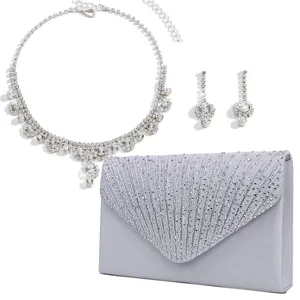 Luxury rhinestone evening bag necklace and earrings set for women party banquet accessories.
