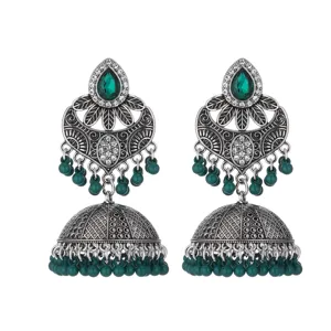 Ethnic vintage bohemian green stone long tassel drop earrings for women fashion jewelry.