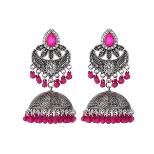 Indian ethnic bohemian carved long tassel earrings with pink stones and beads for women