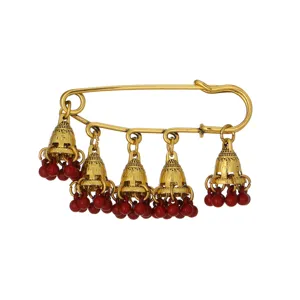 Vintage gold safety pin brooch with jhumka bells and red bead tassels for boho women style.