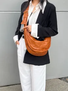 Sac bandoulière demi-lune en cuir souple pour femme, sac dumpling vintage simple, grand.