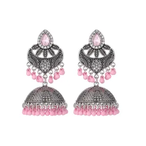Indian ethnic silver carved pink rhinestone long tassel jhumka earrings for women boho jewelry
