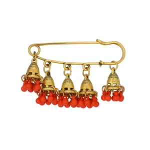 Vintage bohemian jhumka bell brooch pin with red beaded tassels, antique gold alloy chic jewelry.