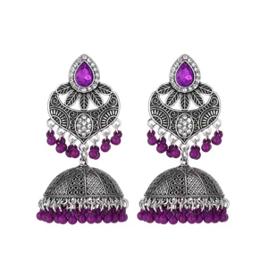 Indian ethnic bohemian silver Jhumka earrings with purple crystal beads long drop earrings