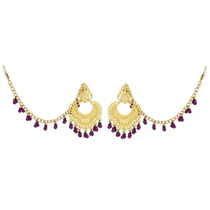 Indian vintage gold-toned ethnic carved ear chain earrings with purple bead tassels for women.