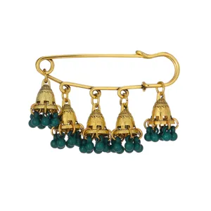 Retro bohemian jhumka bell tassel brooch, exquisite gold tone safety pin jewelry detail view.