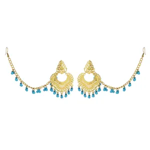 Ethnic Indian retro carved ear chain with blue beaded tassel earrings for women fashion jewelry.
