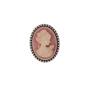 Detailed close-up view of the vintage cameo brooch, elegant court-style pink portrait pin jewelry.