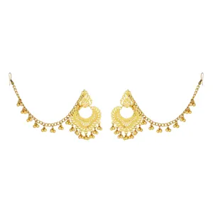 Detailed view of Indian vintage gold tone filigree ear chain earrings with delicate dangling beads.