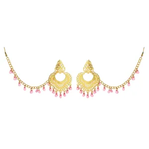 Vintage Indian ethnic style gold-plated filigree ear chain earrings with pink beads