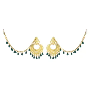 Exquisite Indian ethnic carved gold ear chain retro tassel earrings with green beads detail closeup shot