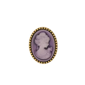 Vintage purple cameo brooch featuring a classic lady profile with an elegant beaded gold frame.