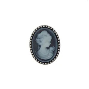 Detailed close-up of the vintage-style cameo brooch featuring an elegant carved profile portrait.