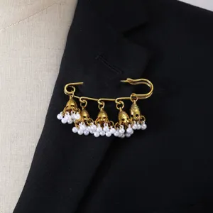 Vintage palace style gold bell tassel brooch elegant pearl safety pin for women suit decor