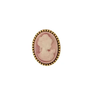 Vintage cameo brooch detail, classic portrait carved oval pin with gold beaded edge.