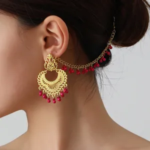 Ethnic gold-tone hollow carved ear chain with red beads retro tassel earrings for women