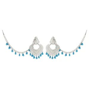 Ethnic bohemian silver tone ear chains with blue bead dangles for women fashion jewelry style
