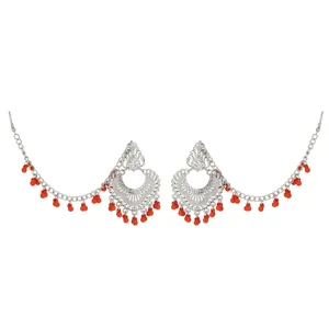 Ethnic silver tone earrings with red bead tassels and hair chain design for vintage bohemian looks.