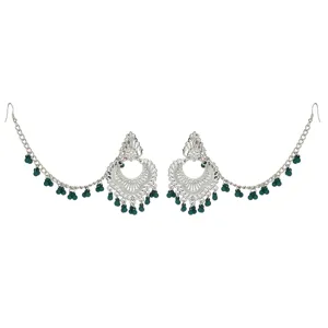Indian vintage ethnic silver tone ear chain earrings with dark green bead tassel drops.