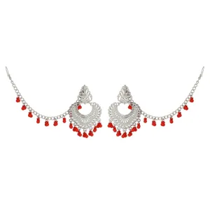 Ethnic silver-tone Indian style detail earrings with red bead chains, exquisite carving.