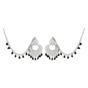 Ethnic silver carved tassel earrings with black beads, retro Indian chain earrings for women.