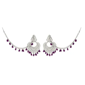 Ethnic silver tone dangling earrings with purple beaded chain, vintage indian jewelry design.