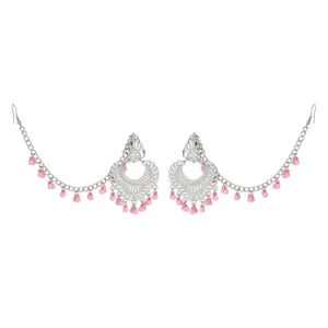 Indian vintage ethnic filigree ear chain with pink bead tassel earrings detailed view