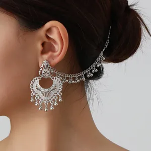 Ethnic silver carved ear chain vintage tassel cuff earrings for women fashion party jewelry