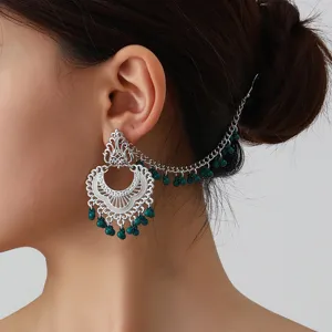 Ethnic filigree ear chain with green beads, vintage silver tone fashion jewelry for women.