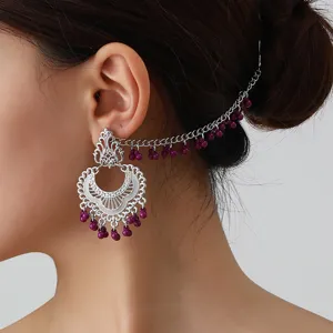 Ethnic vintage silver ear chain with purple beads, elegant dangling tassel earrings for women.