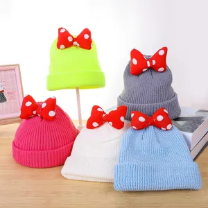 Cute baby knitted beanie hat with large red polka dot bow, warm winter kids hat for boys girls.