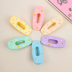 Colorful macaron polka dot duckbill hair clips detail, cute pastel side bangs styling accessories.
