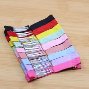 Colorful ribbon wrapped snap hair clips set candy color hair barrettes closeup detail view