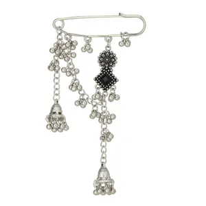 Bohemian vintage silver tassel brooch pin with bells and black stone for women fashion accessory.