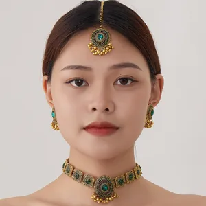 Indian vintage green stone choker necklace earrings maang tikka jewelry set for women