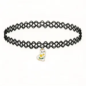 Black tattoo choker necklace with cute white cat pendant and yellow flowers, fashion jewelry.