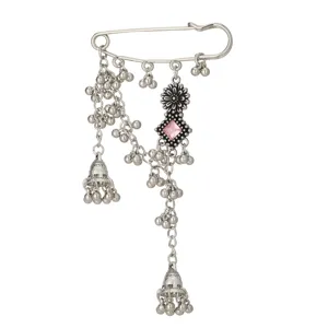 Bohemian vintage silver safety pin brooch with pink crystal and tassel chains for women