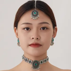 Retro Ethnic Tassel Necklace Earrings Maang Tikka Set Vintage Alloy Rhinestone Statement Jewelry For Women Party Banquet