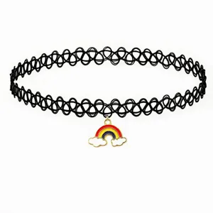 Detailed close-up of a black tattoo choker necklace featuring a cute rainbow and cloud pendant.