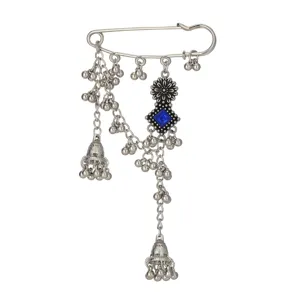 Bohemian vintage silver-tone safety pin brooch with multi-strand chains and blue crystal.