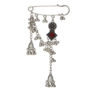 Bohemian retro silver safety pin brooch with metallic fringe chains and red gemstone.