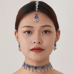 Bohemian Ethnic Style Alloy Rhinestone Necklace Earrings And Maang Tikka Set Fashion Jewelry For Women Wedding