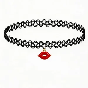 Black tattoo choker necklace with red lips pendant stylish fashion jewelry for women daily wear