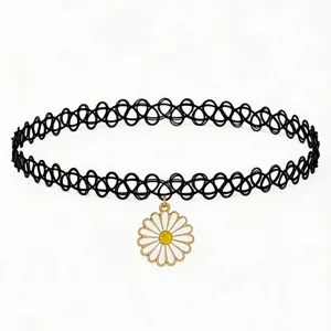 Close-up detail of the black tattoo choker featuring a charming white and yellow daisy pendant.