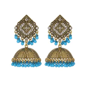 Εξαιρετικά vintage ινδικά σκουλαρίκια Jhumka με στρας και μπλε χάντρες για στυλ.