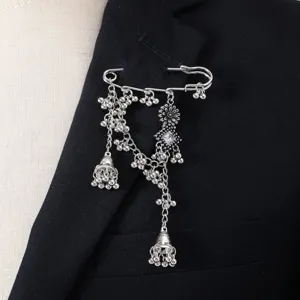 Silver Bohemian tassel brooch safety pin vintage style ethnic jewelry lapel accessory for women