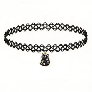 Detailed view of a cute black cat pendant choker necklace with pink stars, stylish and trendy.